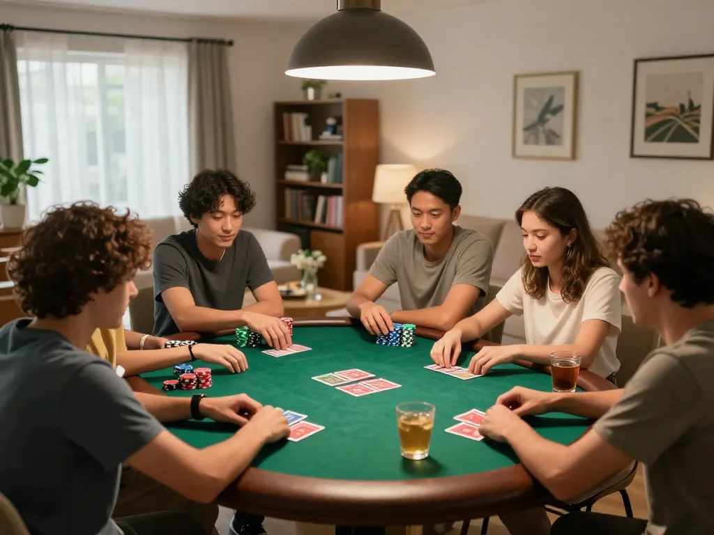 Friends strategizing and playing poker together at home, enjoying a fun gambling night with 98win.