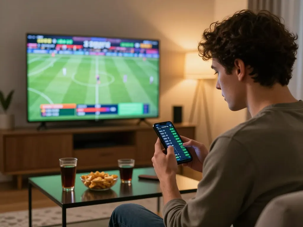Betting on Keo nha cai 5 during a live sports match, showcasing smartphone interaction and analysis.