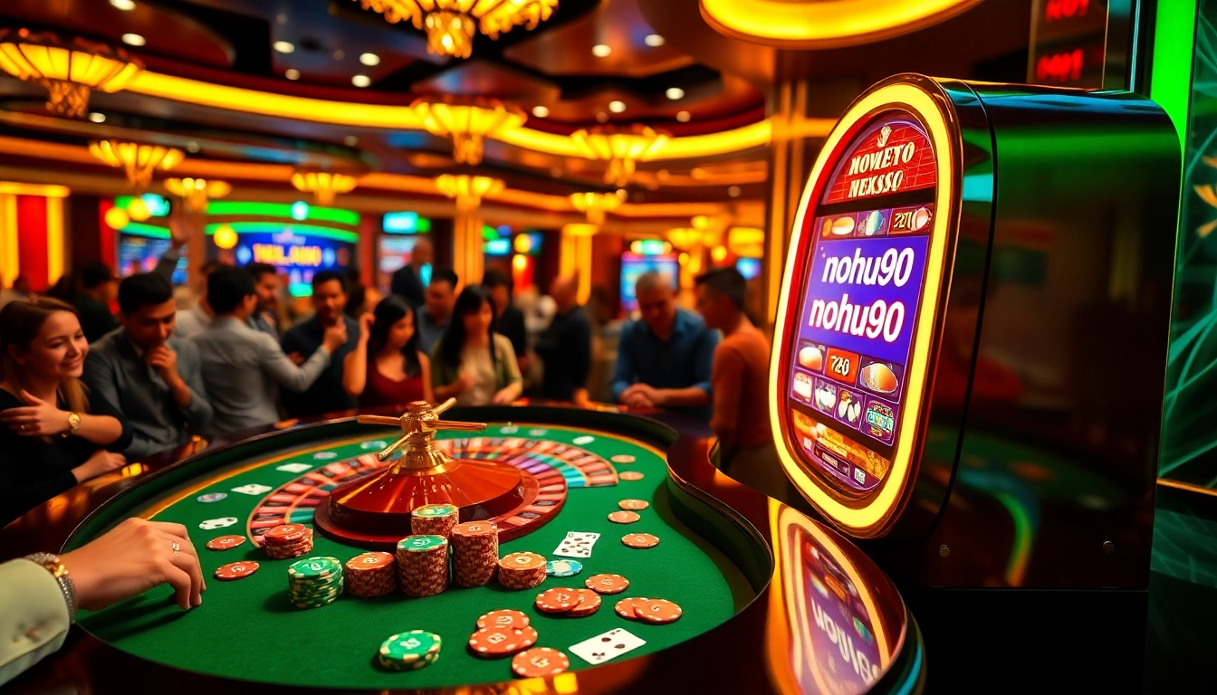 Players enjoying a thrilling game at a nohu90 casino table with vibrant chips and excitement.