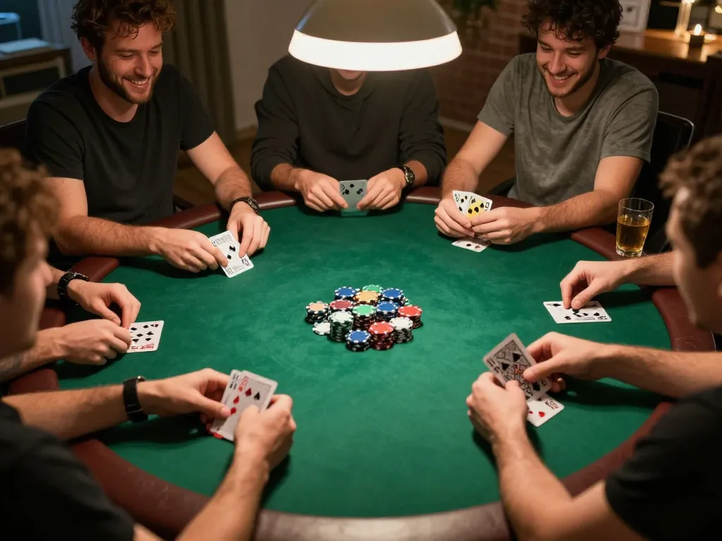 Players engaging in a lively poker game at home, showcasing man88 strategies and camaraderie.