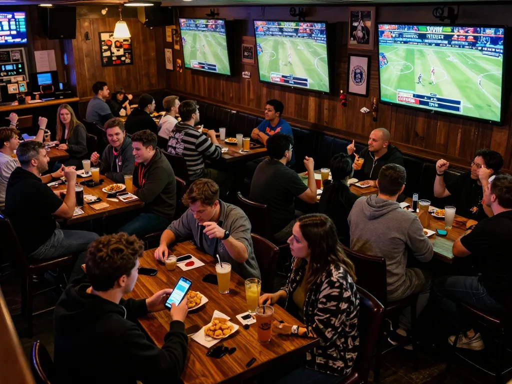 Engaging sports betting scene featuring keonhacai on smartphones and live game action.