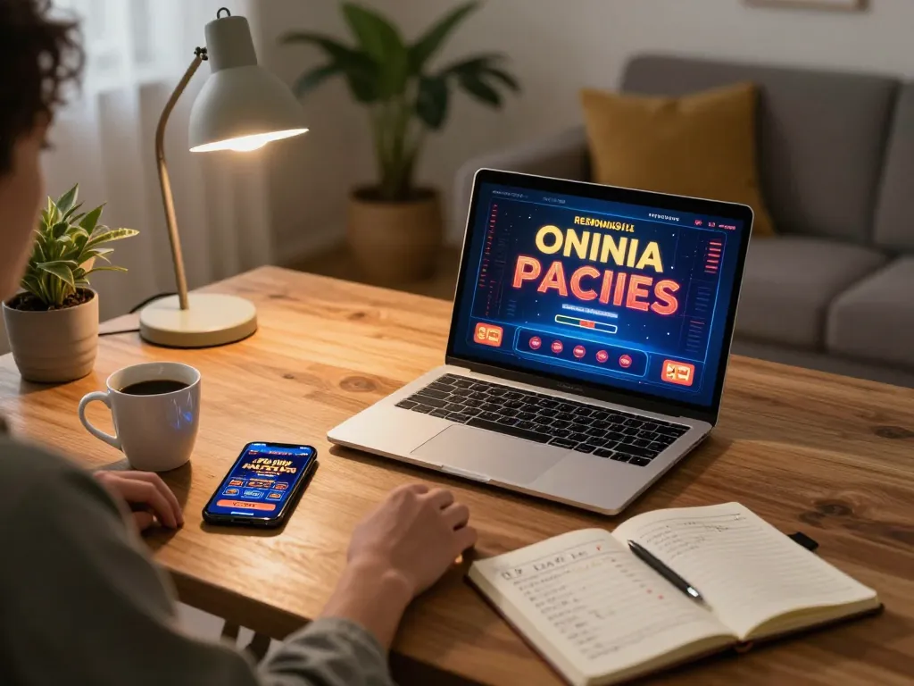 Engaged player enjoying online gaming at home with nhacaiuytinn betting strategy notes.