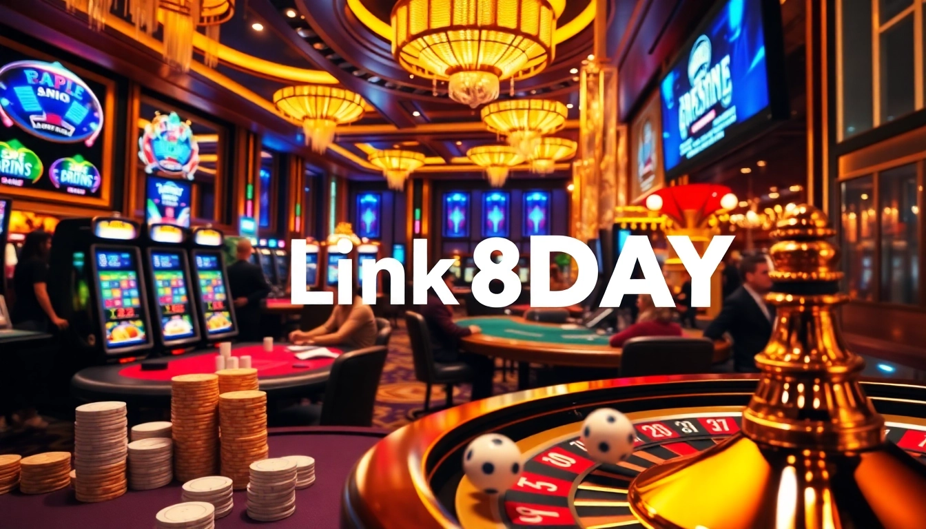 Link 8DAY themed casino scene featuring vibrant slot machines and exciting poker tables.