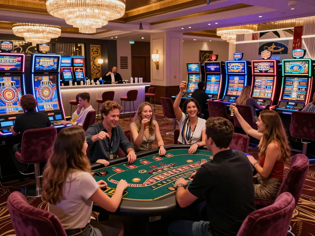 Inside a modern non GamStop casino with players enjoying games and celebrating wins in a vibrant setting.