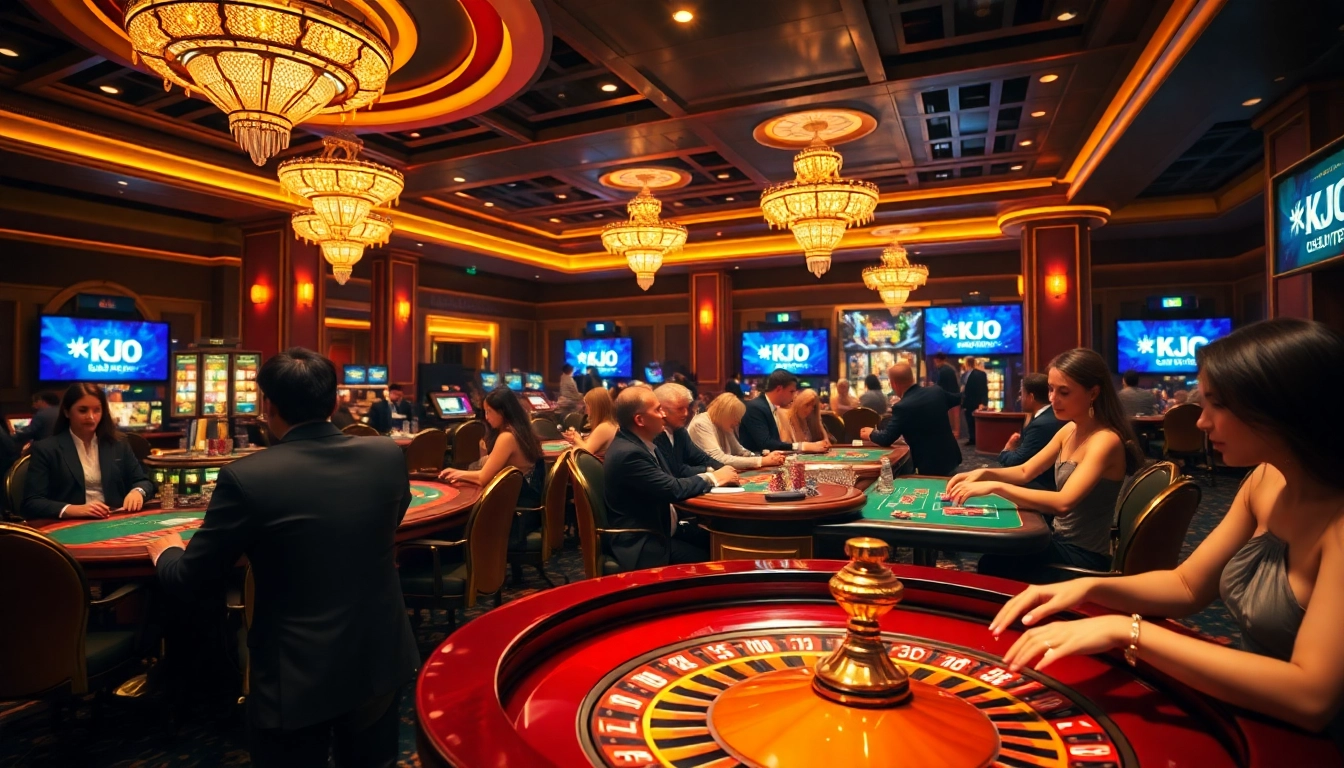 KJC branding enhances the excitement at a bustling casino table with players enjoying poker.