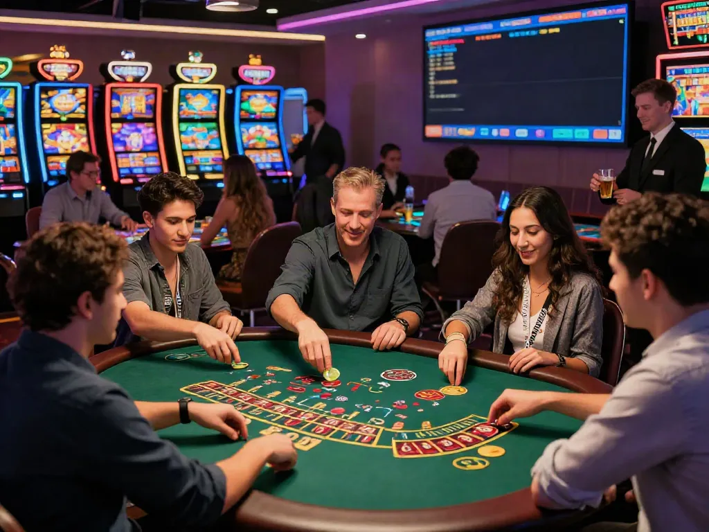 Diverse friends enjoying table games at a non GamStop casino, vibrant atmosphere full of excitement.