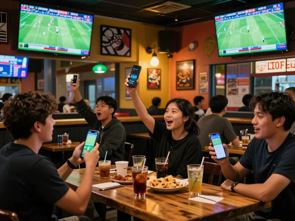 View of a lively sports betting scene with football matches on screens and fans using cakhiatv links.