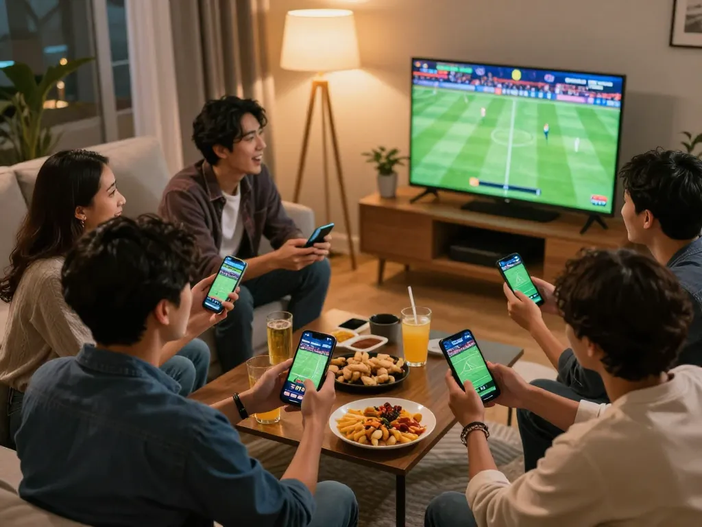Friends engaging in sports betting on rikvip while enjoying a live match together.