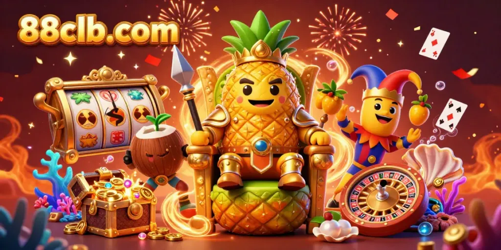 Win big with 88clb-com in this vibrant casino scene featuring a golden pineapple king and fun game elements.