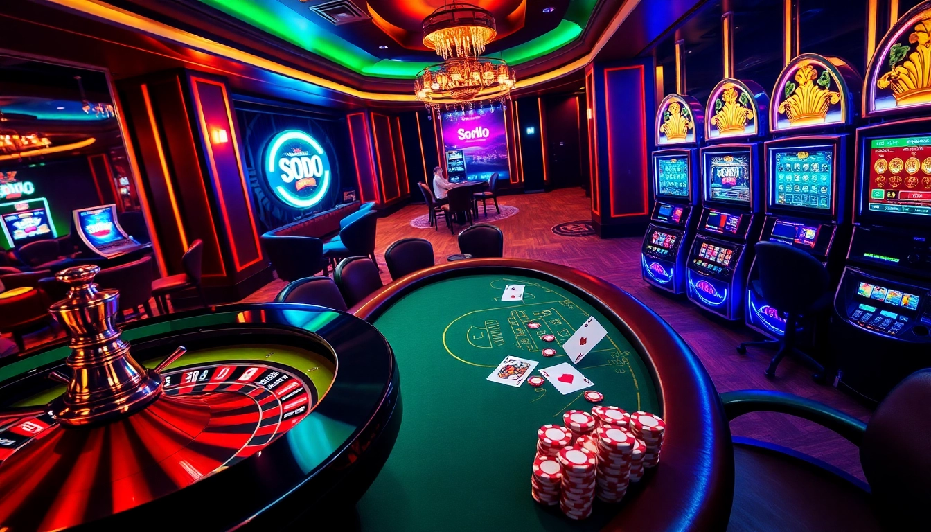 SODO66 casino gaming experience showcasing an elegant roulette wheel and lively poker table.
