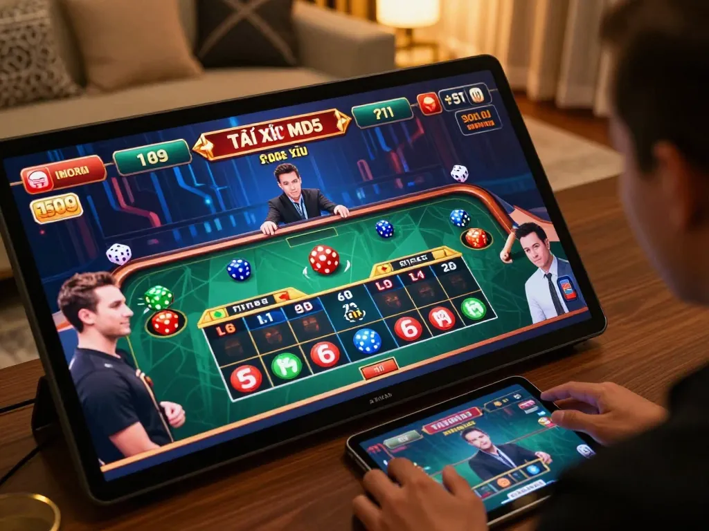 Engaging Tài Xỉu MD5 gameplay featuring animated dice rolling and players placing bets online.