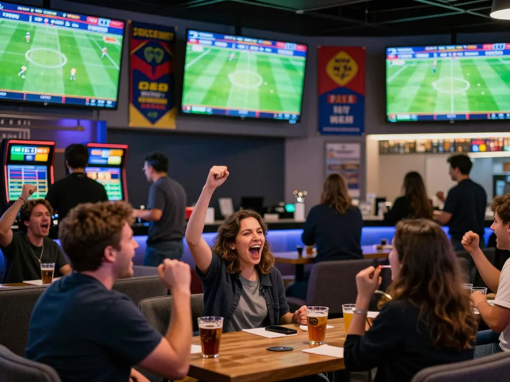 Engaged bettors analyzing tỷ lệ cá cược bóng đá in a lively sports lounge, cheering for their teams