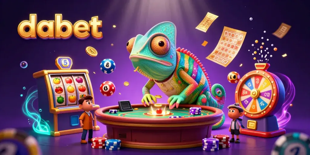 Dabet chameleon owner captures jackpot excitement with vibrant lottery balls and festive casino elements.