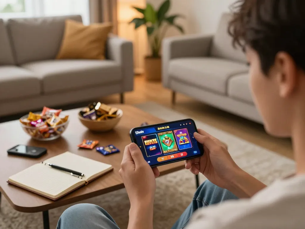 Engaging with 13win app on smartphone, showcasing online casino gaming experience in a cozy setting.