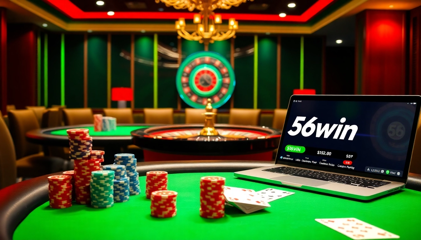 Engaging poker game scene featuring 56win interface, luxurious table, and vibrant poker chips.