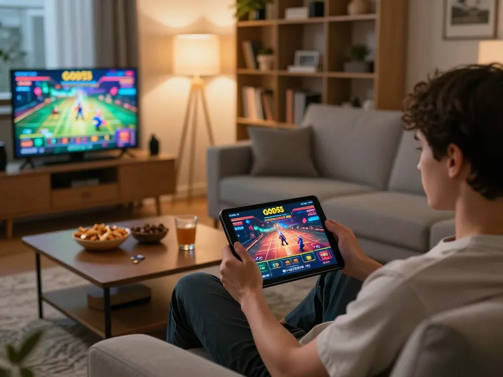 Person enjoying mobile gameplay on the God55 app in a cozy living room setting, showcasing an engaging online casino experience.