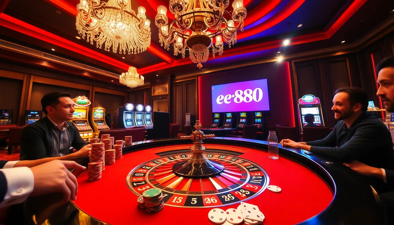 Players at the EE888 casino celebrate a win at the roulette table with chips and cards.