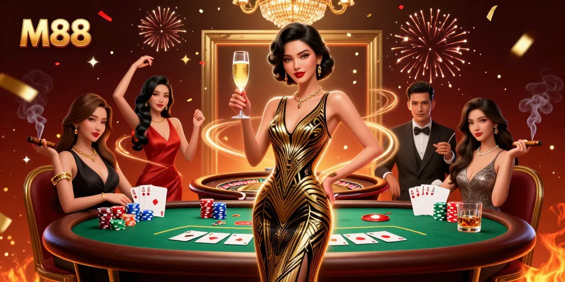 M88 offers casino gamers a luxurious experience with vibrant scenes of celebration, gaming, and glamour.