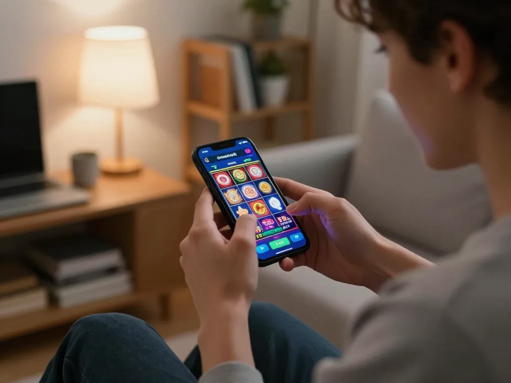 Engaging in online slots gameplay at home using twiin68 app, illuminated by warm lighting.