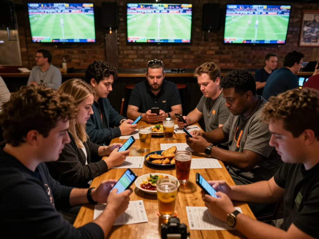 Sports bettors analyzing kèo nhà cái while watching live games, excited atmosphere.