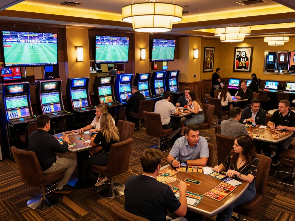 Engaged sport bettors at tylekeonhacai88 enjoy real-time odds updates in a vibrant casino lounge.