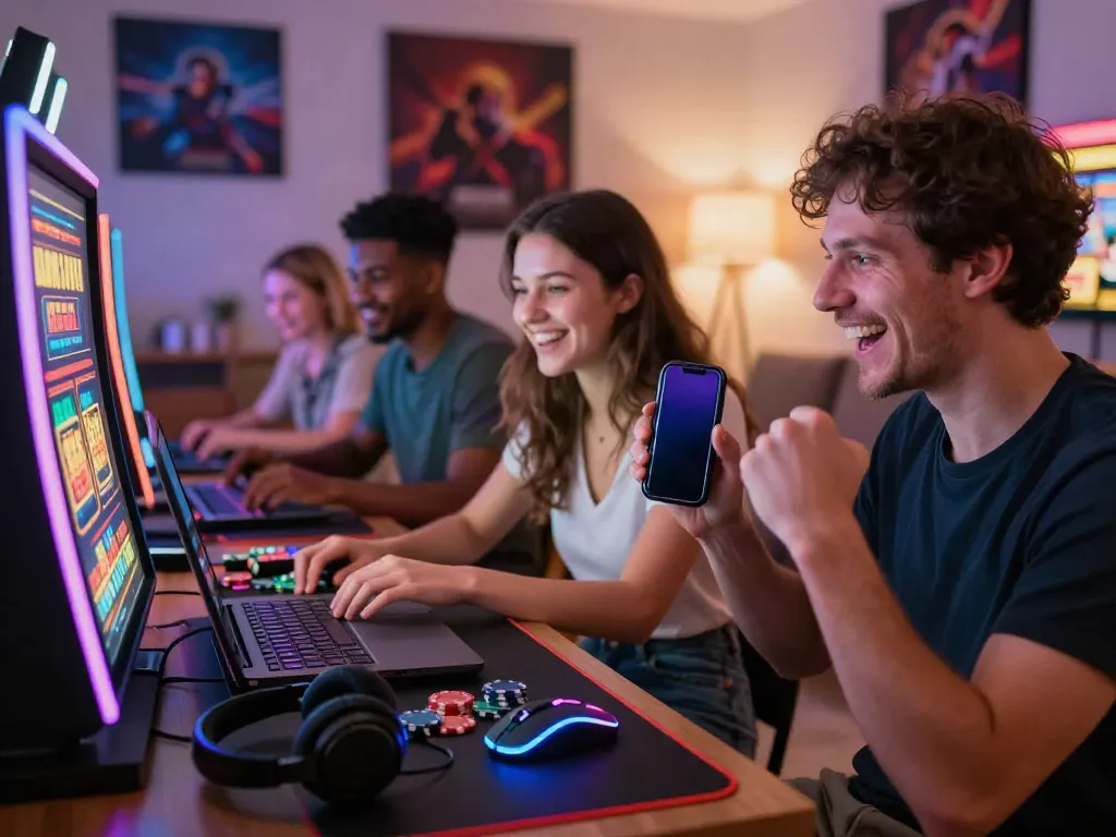 Exciting non gamstop casino gaming scene with players celebrating wins at home.