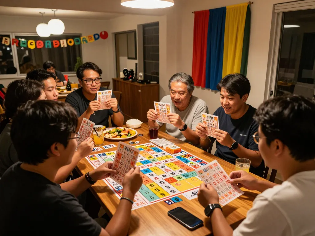 Players celebrating their 9 Lotto 4D wins while checking tickets at a lively gathering.