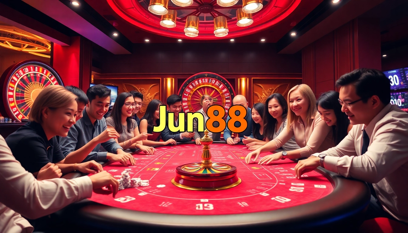 Players enjoying a classic casino experience at Jun88 with poker chips and a roulette wheel.