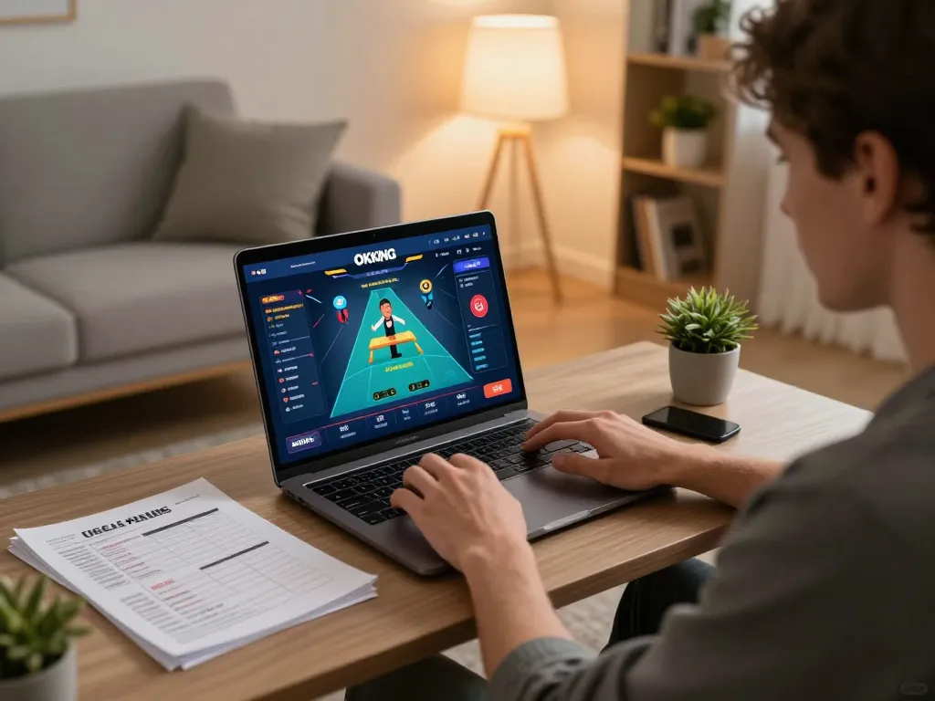 Engaging in exciting gameplay on the OKKING platform at home, highlighting responsible gambling