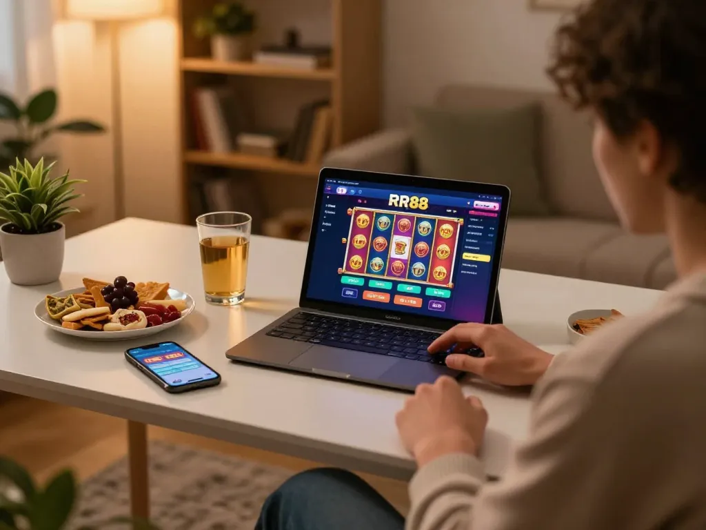 Engaging with RR88's online casino on tablet, showcasing vibrant game interface and cozy setup