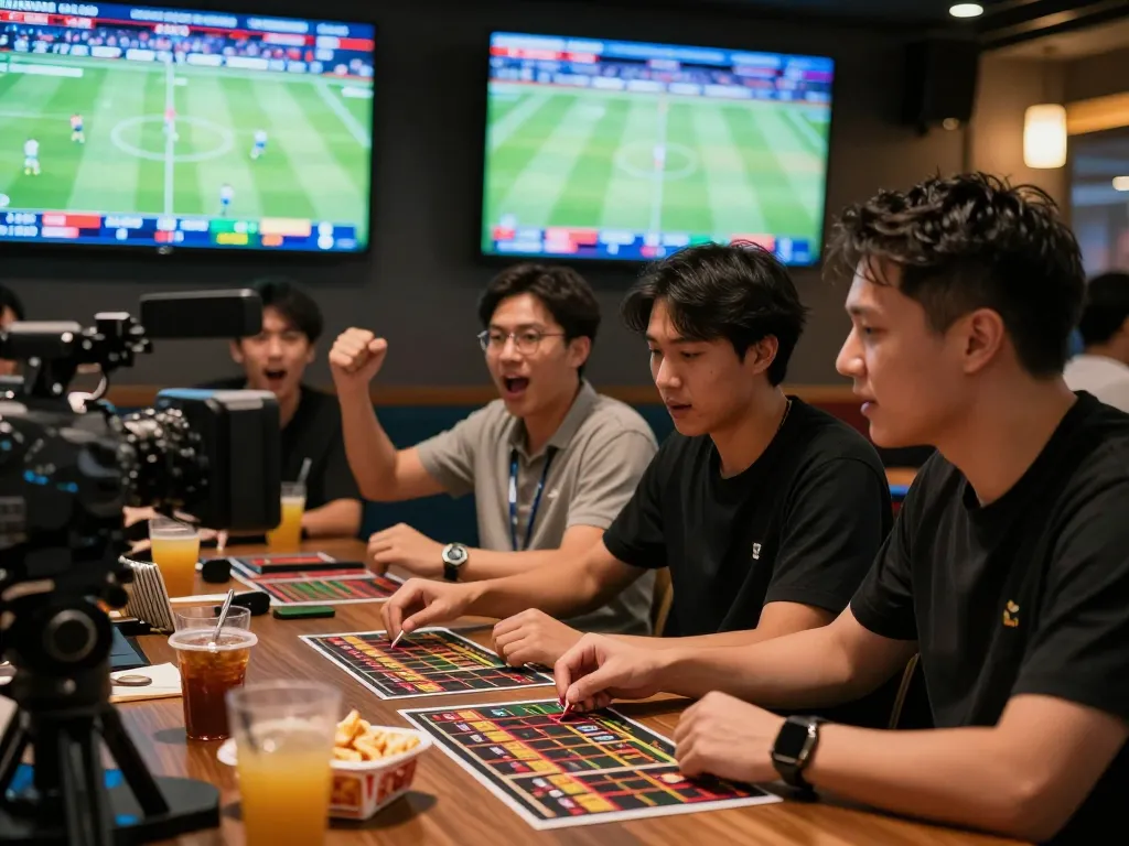 Kèo bóng đá betting action captured as friends cheer and strategize at a lively sports lounge, with dynamic displays.