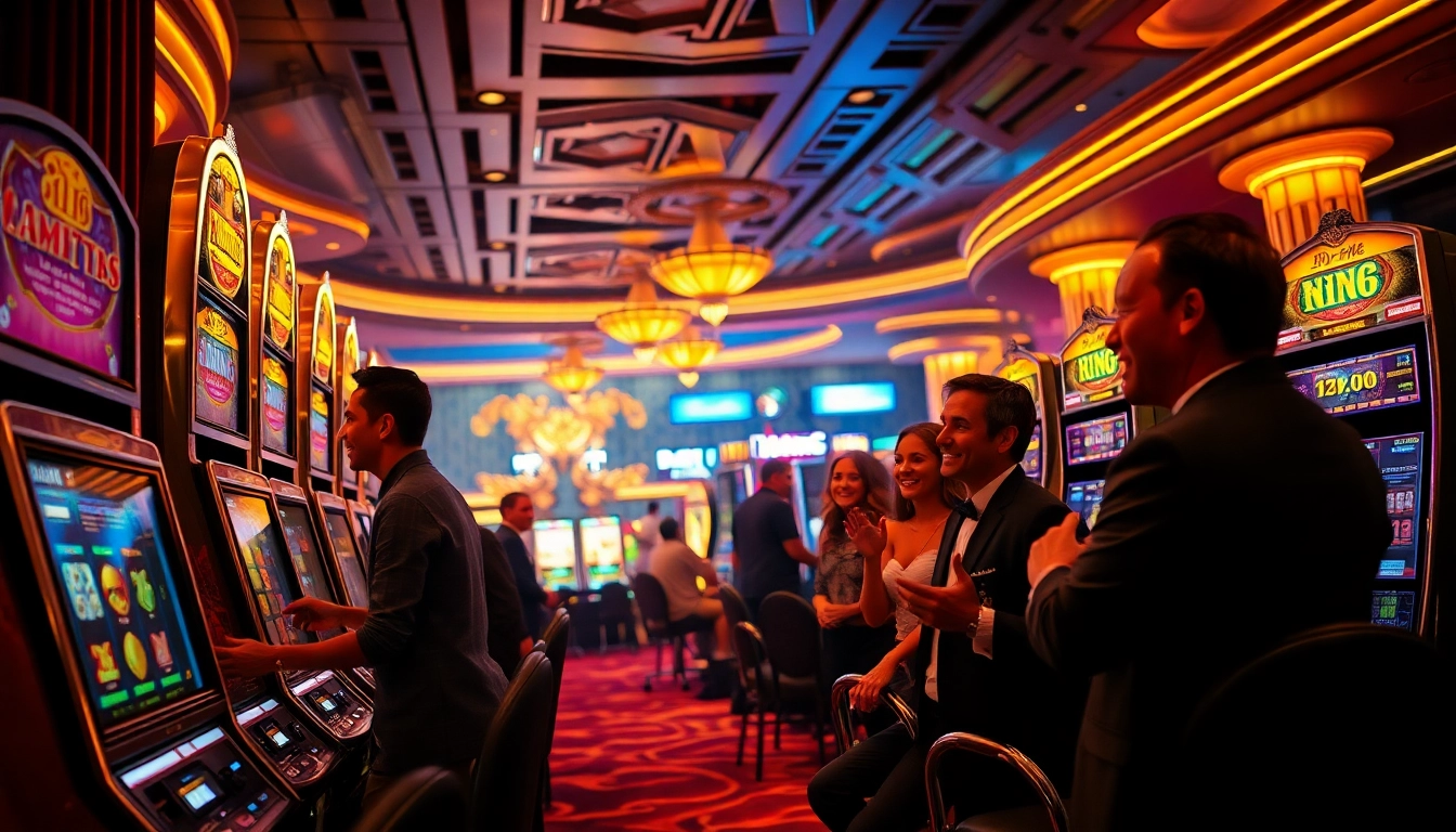 Players celebrating their wins at nổ hũ slot machines in a vibrant casino.