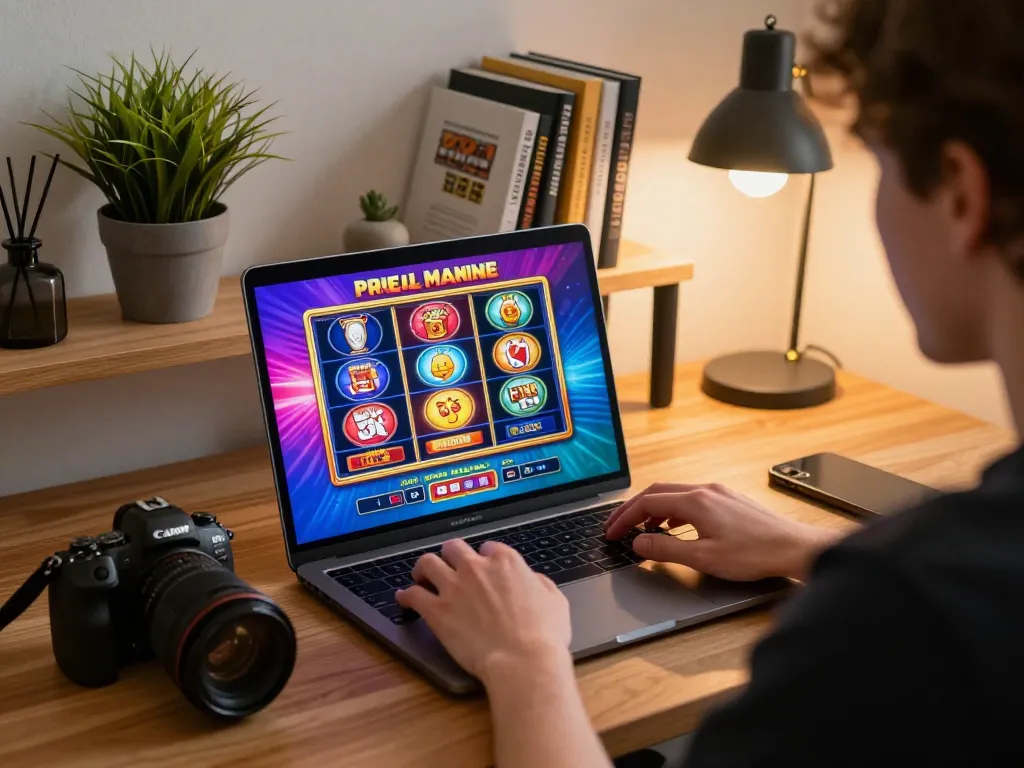 Engaging in real money pokies Australia on a laptop at a cozy home desk during a relaxed gaming session