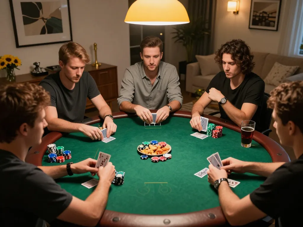 Players enjoy an engaging poker game at home, highlighting strategic decisions and companionship, centered around bu88.