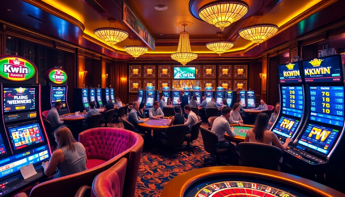 Kkwin gamblers enjoy high-stakes action at a sophisticated casino table surrounded by vibrant slot machines.