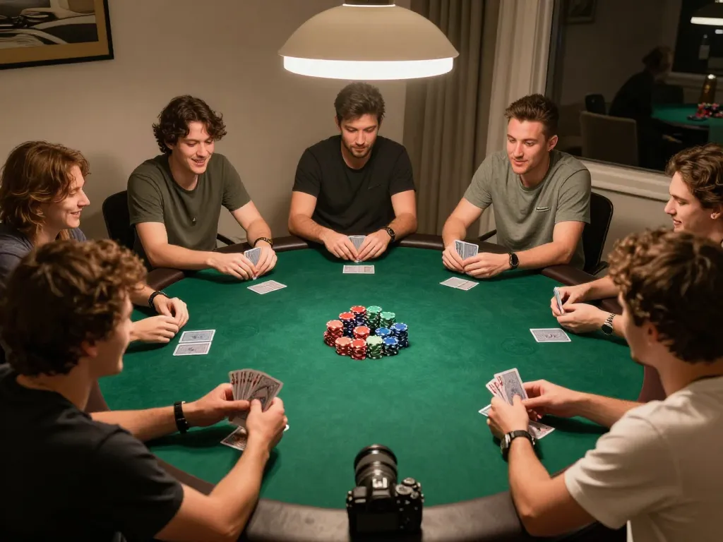 Players enjoying a friendly poker game at home, showcasing thrilling action with ko66 strategy in play.