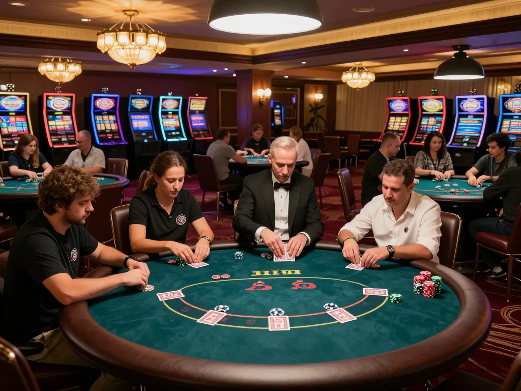 Players immersed in Game Bài Đổi Thưởng at upscale poker tables, showcasing engagement and strategy.