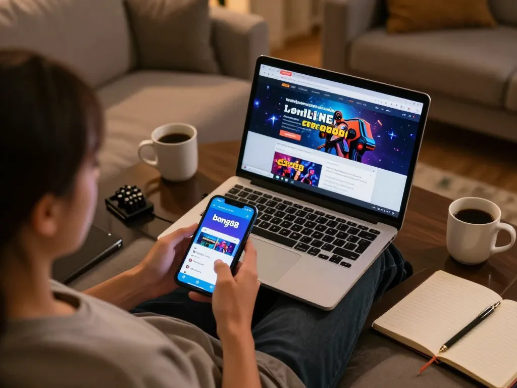 bong88 app displayed on a smartphone as a player engages in online gaming on a cozy sofa.