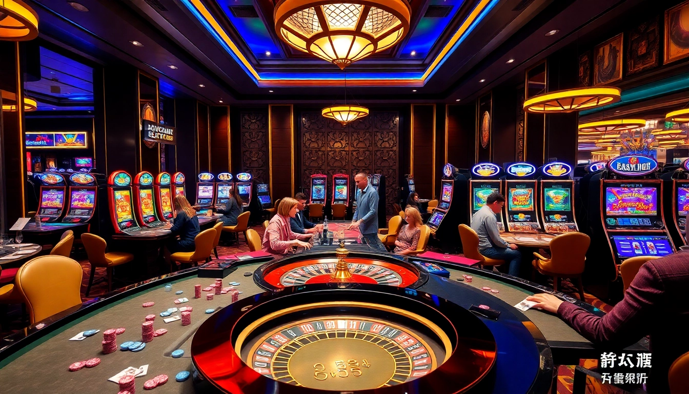 A vibrant casino gaming scene showcasing players at tables, highlighting nhà cái uy tín and excitement.