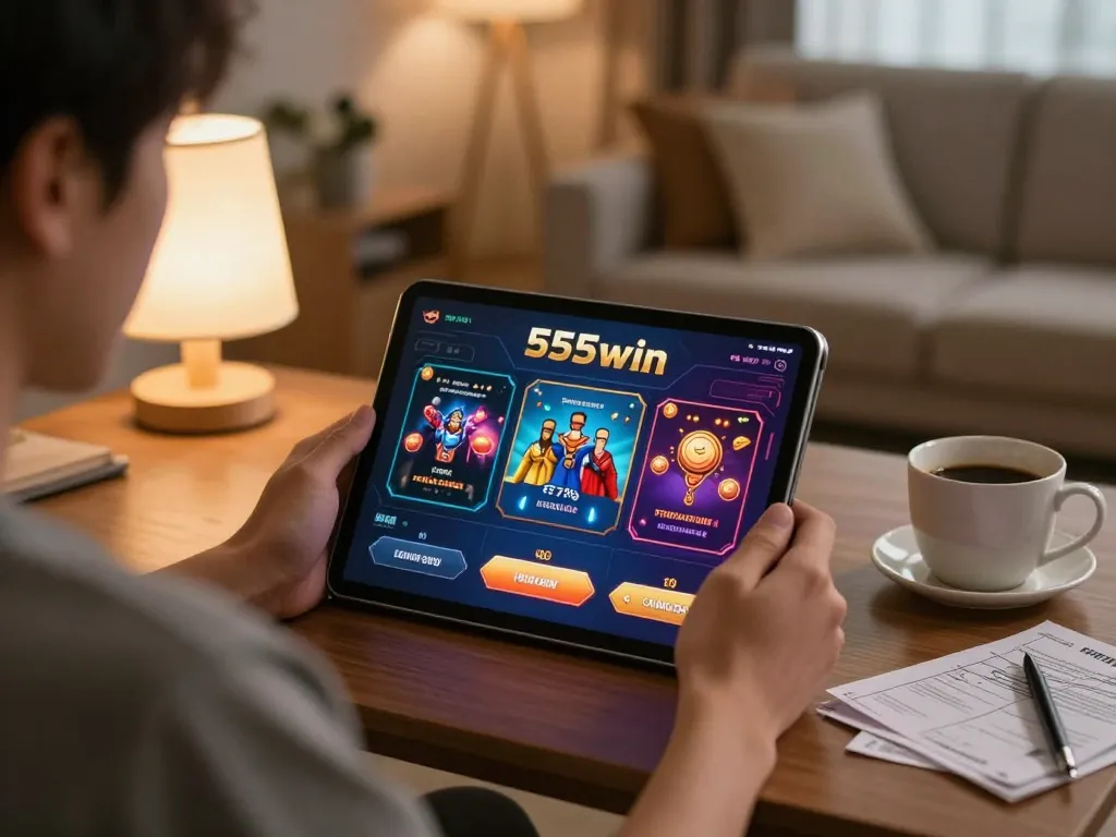 Engaging in a 555win online gaming session on a tablet in a cozy home setting.