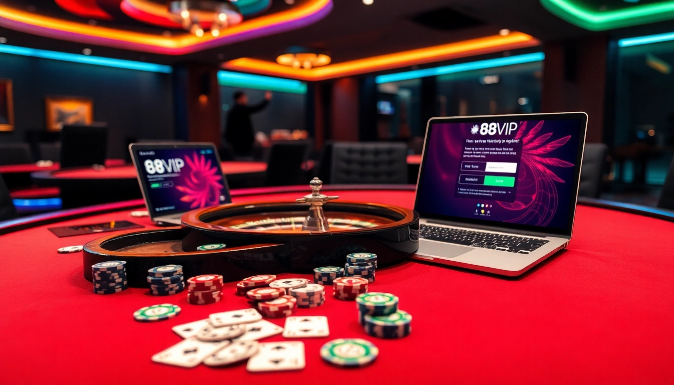 Register for an account with Đăng Ký Nhà Cái 68VIP amid a vibrant casino atmosphere with poker elements.