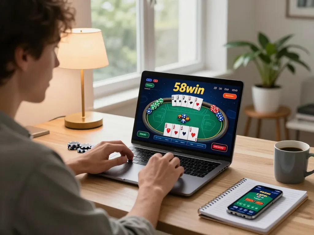 Engaged player exploring strategic poker gameplay on 58win in a cozy home setting