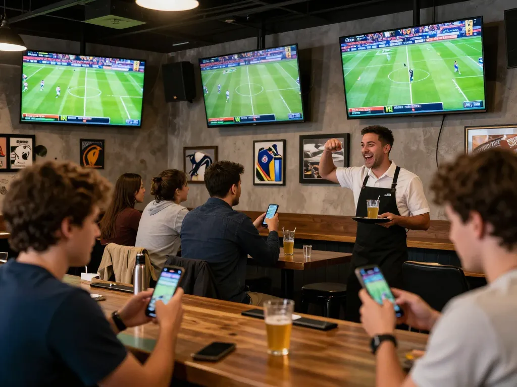Socolive users enjoying live football matches while placing bets in a vibrant sports bar atmosphere.