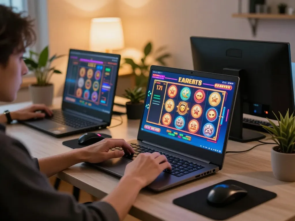 WW88 online gaming session featuring a player engaged with vibrant slot graphics on a laptop in a cozy, well-lit home office.