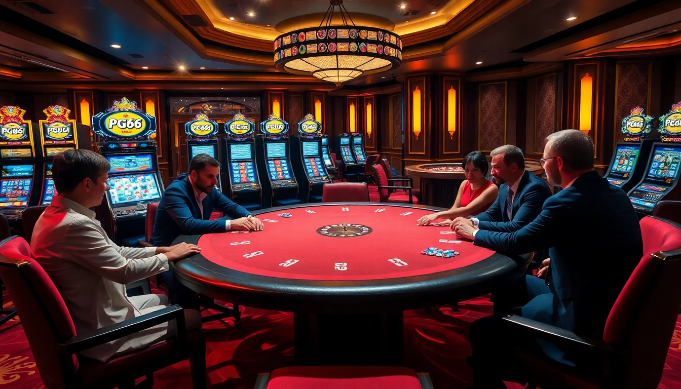 High-stakes poker players at PG66 casino table, surrounded by luxury and excitement.