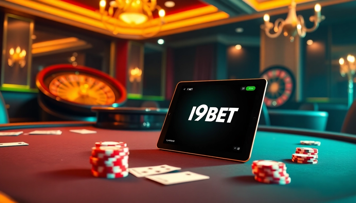 Engage with I9BET's luxurious gambling interface at a stylish poker table featuring professional chips and cards.