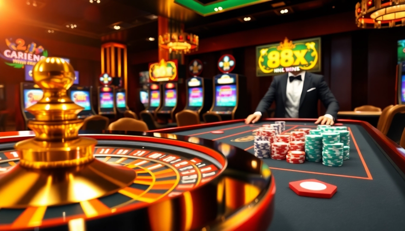 Players enjoying a thrilling roulette game at 88xx online casino, surrounded by vibrant lights and poker chips.