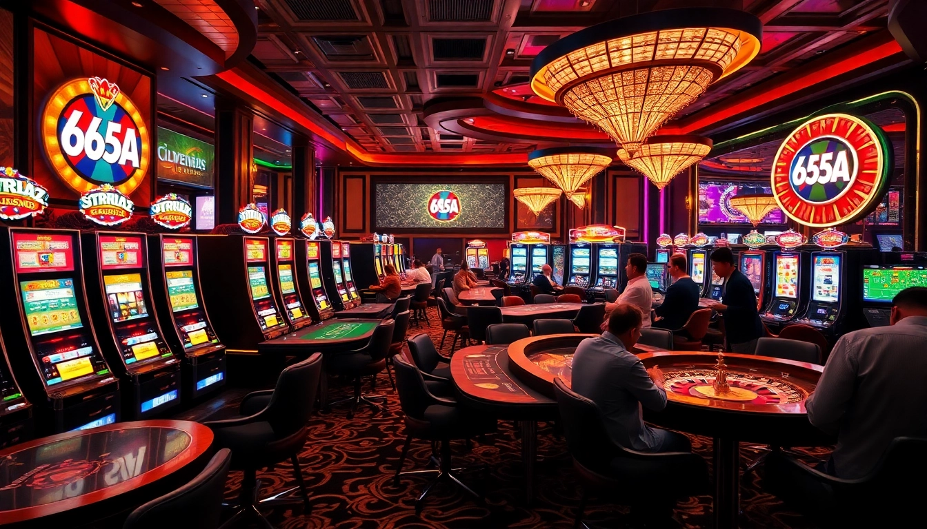Players enjoying games at the 65A casino with vibrant slot machines and tables.
