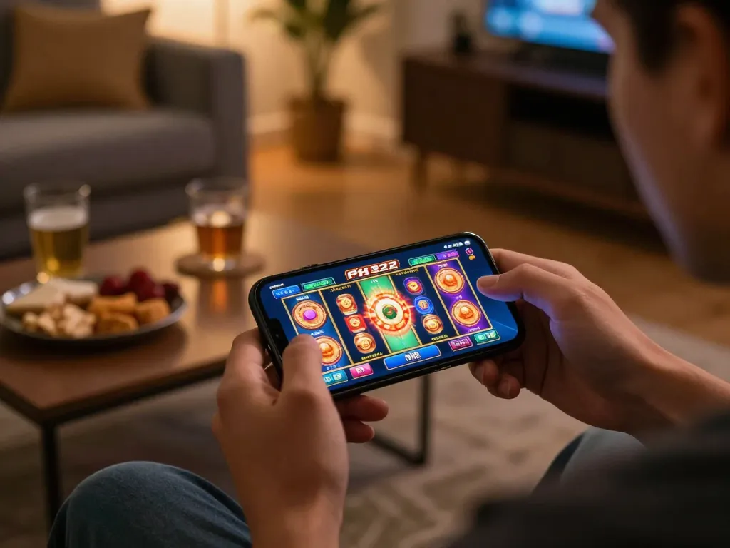 Engaged player enjoying slots on the PH22 app in a cozy home setting