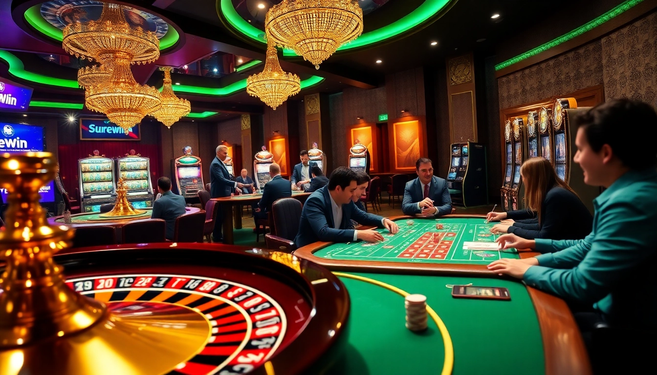 Experience thrilling moments at the surewin casino with players betting at vibrant tables and slot machines.